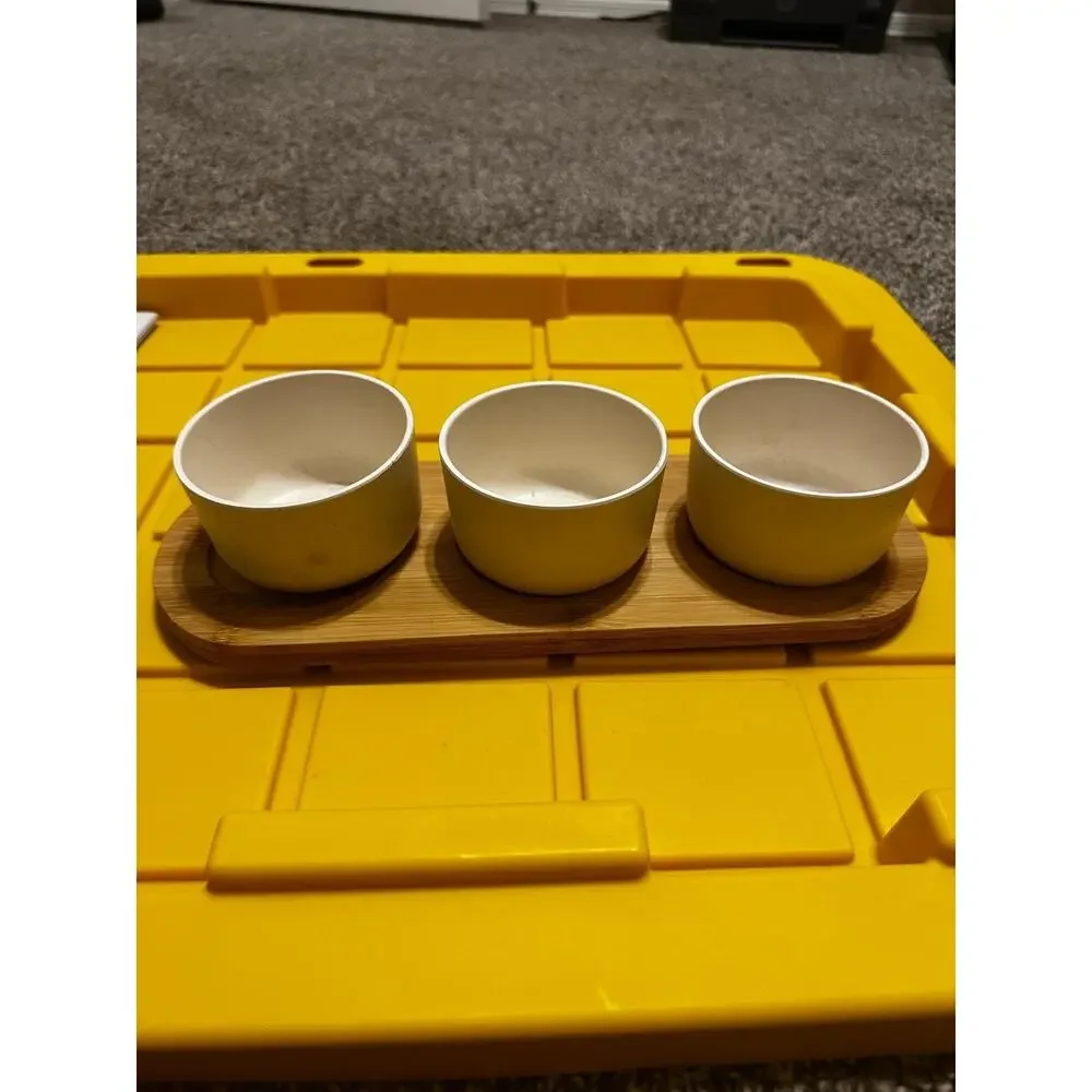 3 Piece Condiment Bowl Set White Plastic Bowls Bamboo Serving Tray